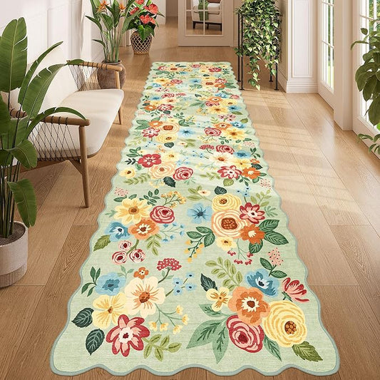 DUKINO 3x10 Washable Runner Rug, Non Slip Floral Ultra Soft Runner for Hallway, Lightweight Low Pile & Stain Resistant Long Throw Carpet for Kitchen, Bathroom, Entrance, Bedroom, Kids Room, Green