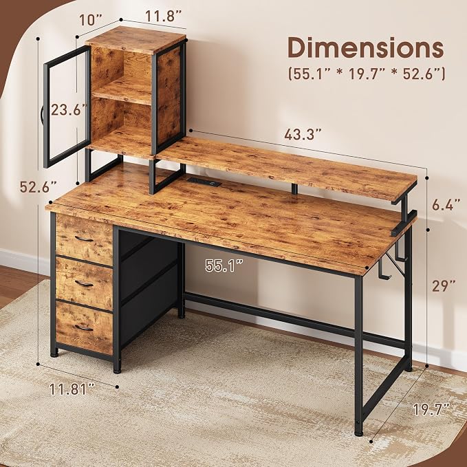 DurayLoly Computer Desk, 55" Desk with Cabinet to Display & RGB Light, Home Office Desks with 3 Drawers for Small Space, 2 AC Power Outlets and 2 Ports, Monitor Stand for Student Bedroom, Brown