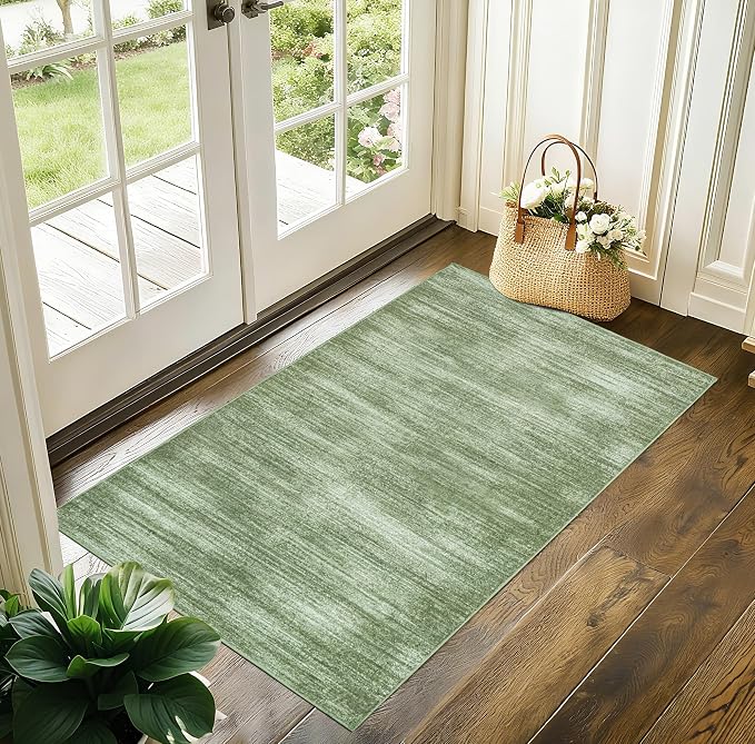 BILEEHOME Olive Green Rug 2x3 Modern Abstract Neutral Area Rug for Entryway Indoor Loden Green Low Pile Floor Carpet with Non Slip Washable Small Rugs for Bathroom Kitchen 2 x 3