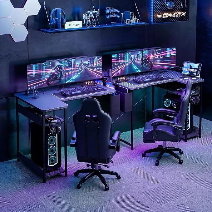 Acrolix L Shaped Gaming Desk 55 Inch - Computer Corner Desk with Power Outlets, Reversible Shelves & Storage Bag for Home Office, PC Gaming Table, Black Carbon