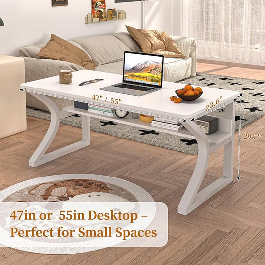 55 X 23.6'' Computer Desk, Home Office Desks w/Shelf Storage, Computer Desk w/Metal Frame, Cable Management, Study Student Desk Writing Work Table Deeper & Thicker Desktop for Home Bedroom