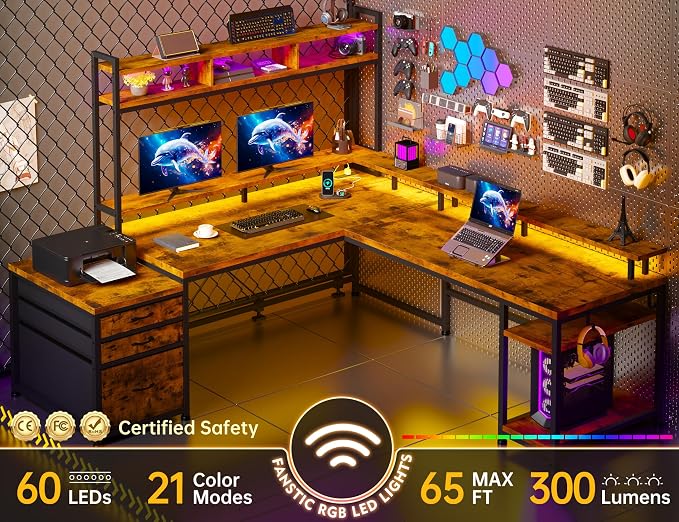 EnHomee 64 x 60 Inch Reversible L Shaped Gaming Desk with Shelves, 3 Drawers, Power Outlet & LED Lights, Two Person Corner Computer Desk with Monitor Stand for Home Office, Bedroom, Gaming Room