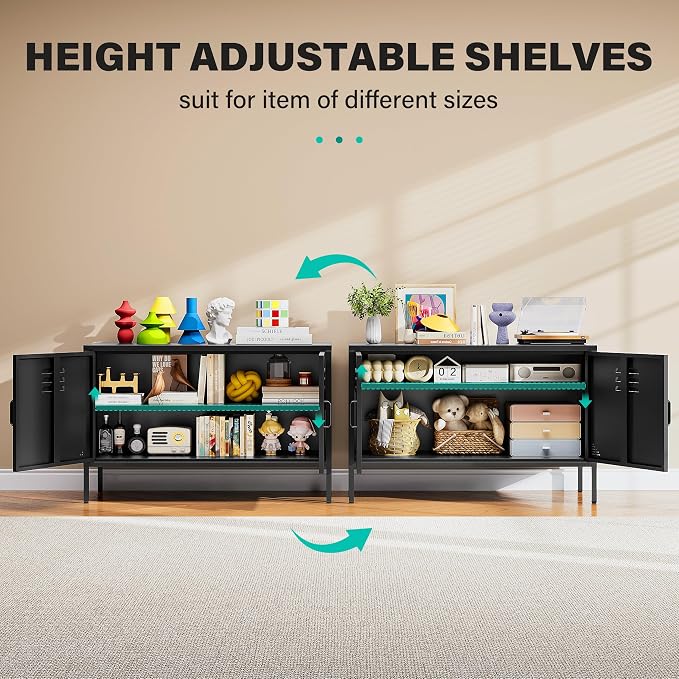 SISESOL Black Metal Storage Cabinet with Doors and Shelves,2 Door Wide Metal Locker Accent Storage Cabinet with Leg & Vent Hole,Wide TV Cabinets,Low Side Cupboard for Home,Office,Dining/Living Room