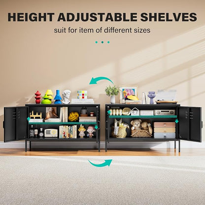 SISESOL Black Metal Storage Cabinet with Doors and Shelves,2 Door Wide Metal Locker Accent Storage Cabinet with Leg & Vent Hole,Wide TV Cabinets,Low Side Cupboard for Home,Office,Dining/Living Room