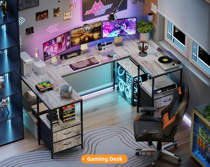 YOSHOOT 67" U Shaped Computer Desk, Reversible L Shaped Gaming Desk | Corner Desk with Power Outlets, 4 Drawers, 2 Storage Shelf, Computer Table with 4 Installation Methods, Grey