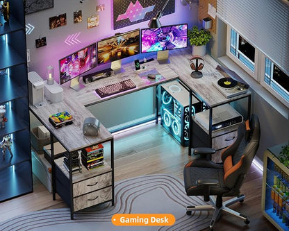 YOSHOOT 67" U Shaped Computer Desk, Reversible L Shaped Gaming Desk | Corner Desk with Power Outlets, 4 Drawers, 2 Storage Shelf, Computer Table with 4 Installation Methods, Grey