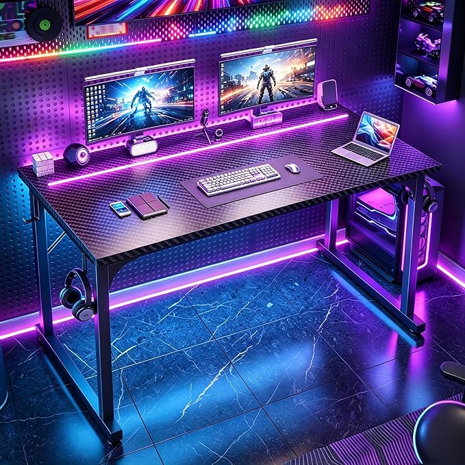 DurayLoly 48" Gaming Desk with Waterproof LED Lights, Carbon Fiber Desktop for Small Spaces | Home Office Study Computer Desk with Storage Bag & Headphone Hook, Black
