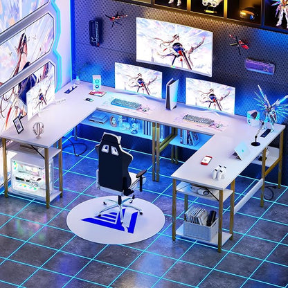Unikito Reversible L Shaped Desk with Magic Power Outlets and USB Charging Ports, Sturdy Corner Computer Desk with Storage Shelves, Gaming Table Home Office Desk, Easy to Assemble, White and Gold