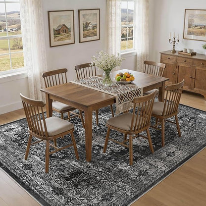 UERMEI 8x10 Area Rug Living Room Rugs - Washable Vintage Soft Large Rug Indoor Floor No Slip Rug Carpet for Bedroom Farmhouse Under Dining Table Home Office Decor - Black