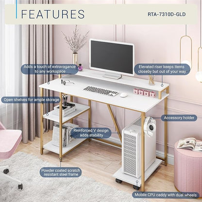 Techni Mobili Computer Desk - Industrial Writing Desk with Storage Shelves, Monitor Stand, & Accessory Holder - Home Office Laptop Computer Table with CPU Caddy & 2-Tier Small Bookshelf Space