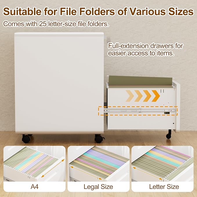 3 Drawers File Cabinet, Mobile Filing Cabinet with Lock, with 25 File Folders, Steel, Fully Assembled Except Casters, for Home Office, White