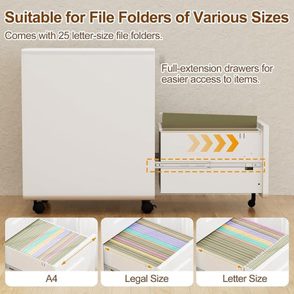 3 Drawers File Cabinet, Mobile Filing Cabinet with Lock, with 25 File Folders, Steel, Fully Assembled Except Casters, for Home Office, White