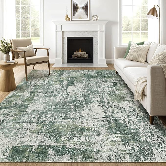 9x12 Area Rug Living Room: Washable Large Abstract Soft Stain Resistant Indoor Floor Rugs Non-Slip Accent Carpet for Bedroom Nursery Playroom Office Dining Room Home House- Dark Green