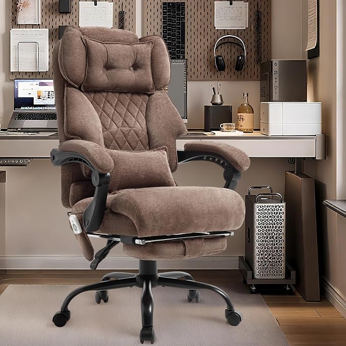Massage Office Chair with Foot Rest,6 Points Vibration & Heat Executive Office Chairs,Ergonomic Fabric Desk Chair for Heavy People,Big and Tall Office Chair 500LBS,Recliner with Dual-Use Pillow,Brown