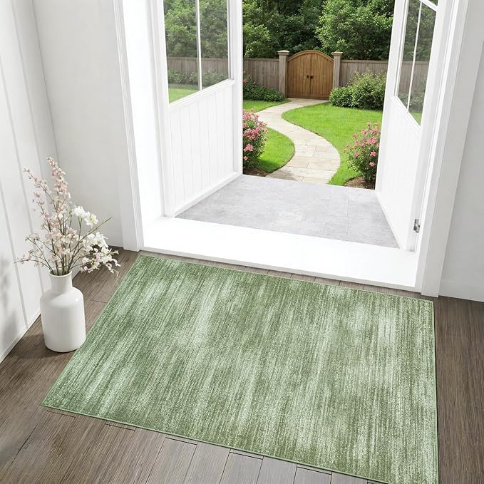 BILEEHOME Olive Green Rug 2x3 Modern Abstract Neutral Area Rug for Entryway Indoor Loden Green Low Pile Floor Carpet with Non Slip Washable Small Rugs for Bathroom Kitchen 2 x 3