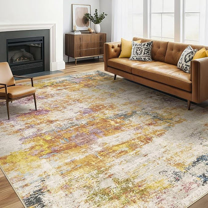 5x8 Area Rug Living Room: Machine Washable Large Abstract Modern Soft Rug Stain Resistant Indoor Floor Non-Slip Accent Carpet for Bedroom Nursery Playroom Office Dining Room Dorm- Gold Colorful