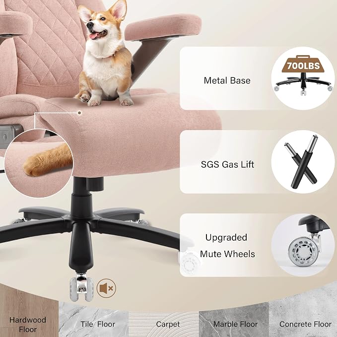 Fabric 700lbs Big and Tall Office Chair, Ergonomic Heavy Duty Executive Cloth Office Chair with 5D Flip Arms & Adjustable Lumbar Support & Dual Rubber Wheel, Large Thick Padded Extra Wide Seat, Pink