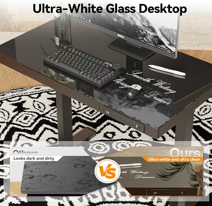 Monomi 35" Glass Standing Desk with Drawer and USB Ports, Electric Height Adjustable Desk for Home Office, Black Sit Stand Table with Storage, Easy Assembly Computer Desk for Small Spaces