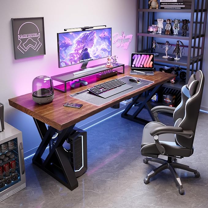 Solid Wood Desk 63 Inches, Live Edge Wooden Home Office Computer Desk Metal Frame Modern Simple Design Executive Real Wood Desk for Writing Study Dining Gaming
