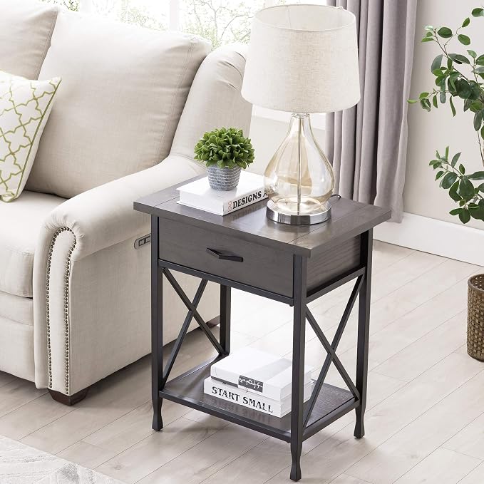 Leick Home 23022 Chisel & Forge One Drawer Nightstand with Shelf, Smoke Gray and Matte Black