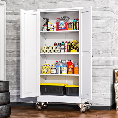 winiowa 61" Tall Metal Garage Storage Cabinet with Wheels, Steel Locking Rolling Tool Cabinet with 3 Adjustable Shelves for Garage,Home,Office (White)