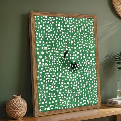 Framed Floral Black Cat Canvas Wall Art, Cute Black Cat in Daisy Field Painting, Animal Poster Print, Modern Home Aesthetic Wall Decor, Flowers Canvas Artwork for Bedroom Living Room 16x24 inch