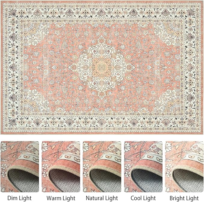 Goideal Washable Rug 3x5, Vintage Area Rugs Non Slip, Indoor Low Pile Carpet with Rubber Backing for Living Room Kitchen Bathroom Entryway Office Bedroom,Dusty Rose