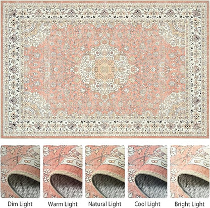 Goideal Washable Rug 8x10, Vintage Area Rugs Non Slip, Indoor Low Pile Carpet with Rubber Backing for Living Room Kitchen Bathroom Entryway Office Bedroom,Dusty Rose