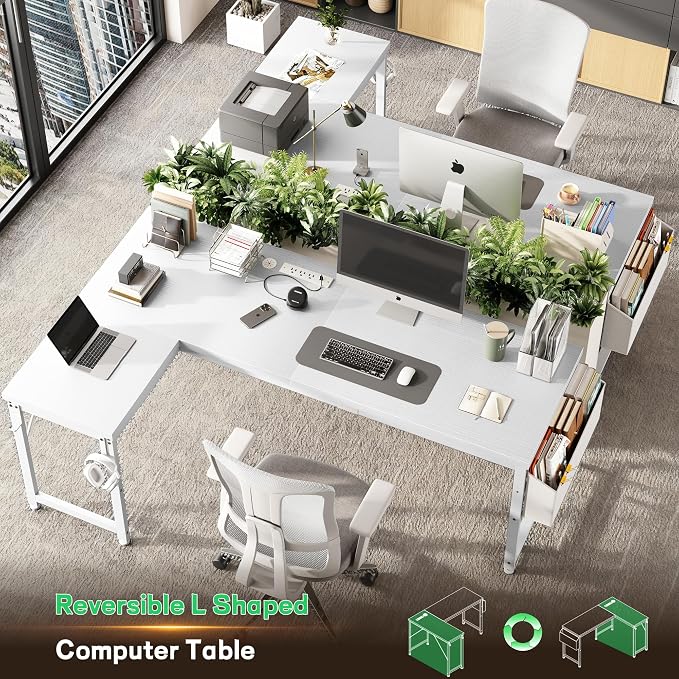 DurayLoly 63" L Shaped Desk for 2 Monitors or 2 laptops,Computer Desk with Power Outlet and LED Lights, 0.95" Thicker Desktop & Metal Frame for Study,Gaming Desk for Bedroom,Home Office,Brown