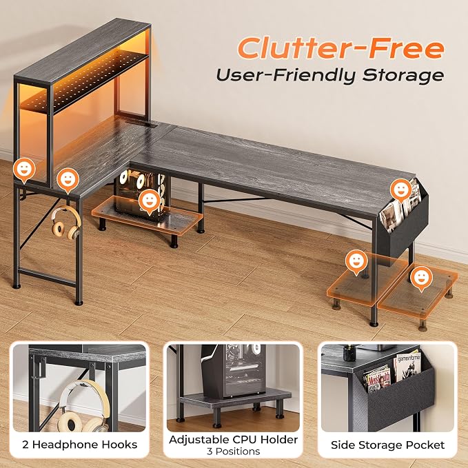 PRAISUN L Shaped Gaming Desk with LED Lights & Power Outlets, Reversible Computer Desk with Storage Shelves & Bag, Large Corner Home Office Desk with Pegboard for Work from Home, Grey