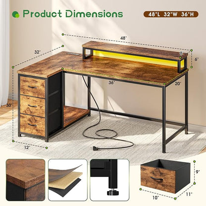 EnHomee 48" L-Shaped Computer Desk with 3 Drawers, 35.4" Monitor Riser, RGB LED Lights,3 AC outlets & 1 Type-C Charging Station, Reversible Corner Gaming Desk for Home Office, Study Room,Rustic Brown