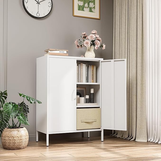 Bevivog Metal Locker Cabinet with 2 Doors, White Metal Accent Cabinets for Home Office, 40" Counter Height Storage Lockers Sideboard for Home Office Kitchen Living Room Hallway Entryway