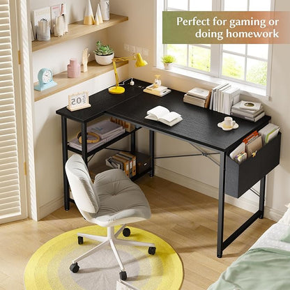 EnHomee Office Desk with Outlet,Power Home Office & Study Electronic Gear | Reliable Power Supply for Study & Electronic Device,Reversible Shelves & Side Bag,Convenience for Small Space, Black