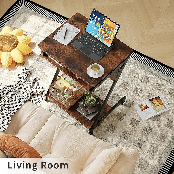 ALISENED Computer Desk for Small Spaces, 23.6" Z-Shaped Compact Study Table with Smooth Keyboard Tray with Wheels and Bottom Shelves for Home Office, Computer Cart Mobile Laptop Cart, Rustic Brown