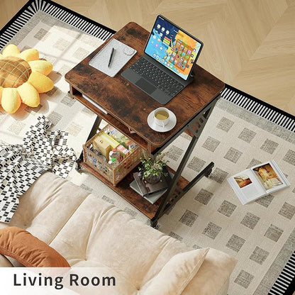ALISENED Computer Desk for Small Spaces, 23.6" Z-Shaped Compact Study Table with Smooth Keyboard Tray with Wheels and Bottom Shelves for Home Office, Computer Cart Mobile Laptop Cart, Rustic Brown