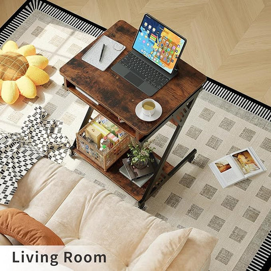 ALISENED Computer Desk for Small Spaces, 23.6" Z-Shaped Compact Study Table with Smooth Keyboard Tray with Wheels and Bottom Shelves for Home Office, Computer Cart Mobile Laptop Cart, Rustic Brown