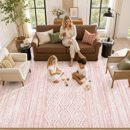 Nakagishi Area Rug Living Room Rugs: 9x12 Large Soft Machine Washable Boho Moroccan FarmNeutral Stain Resistant Indoor Floor Carpet for Bedroom Under Dining Table Home Office Decor-Pink