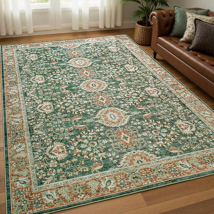 Goideal Washable Rug 3x5, Vintage Area Rugs Non Slip, Indoor Low Pile Carpet with Rubber Backing for Living Room Kitchen Bathroom Entryway Office Bedroom,Green & Orange