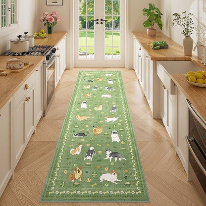 DUKINO 2.6x8 Washable Runner Rug for Hallway, Non Slip Animal Dog Kitchen Rug with Low Pile Design, Ultra Soft & Stain Resistant Indoor Carpert Runner for Entryway, Bedroom, Laundry, Bathroom, Green