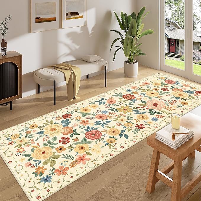 DUKINO 3x8 Washable Runner Rug, Non Slip Soft Floral Hallway Runner Rug with Non Shedding Design, Low Pile Loog Carpet for Kitchen, Hallway, Bathroom, Entryway, Laundry, Beige Yellow