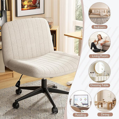 SUNLEI Cross Legged Office Chair, Armless Wide Chair's for Vanity Desk, Criss Cross Comfy Chairs with Back, Desk Chair/s of Height Adjustable Swivel, White