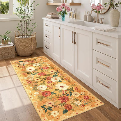 DUKINO 2x5 Runner Rug for Hallway, Washable Kitchen Floral Runner Rug with Non Slip Backing, Low Pile Soft Boho Carpet for Kitchen, Hallway, Entryway, Laundry, Bedroom, Orange
