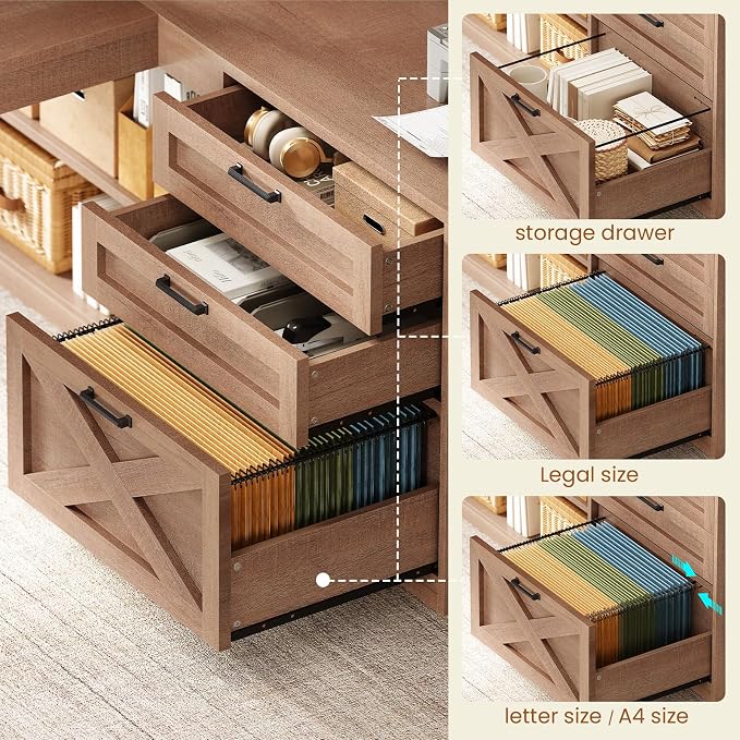 SEDETA Farmhouse L Shaped Office Desk with Drawers, 61” Computer Desk with Storage Shelves and Power Outlet, Corner Gaming Desk with LED Light and Display Cabinet for Home Office, Light Brown