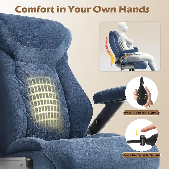 Fabric 700lbs Big and Tall Office Chair, Ergonomic Heavy Duty Executive Cloth Office Chair with 5D Flip Arms & Adjustable Lumbar Support & Dual Rubber Wheel, Large Thick Padded Extra Wide Seat, Blue