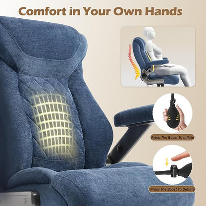Fabric 700lbs Big and Tall Office Chair, Ergonomic Heavy Duty Executive Cloth Office Chair with 5D Flip Arms & Adjustable Lumbar Support & Dual Rubber Wheel, Large Thick Padded Extra Wide Seat, Blue