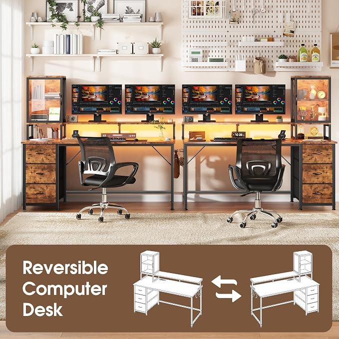 DurayLoly Computer Desk, 55" Desk with Cabinet to Display & RGB Light, Home Office Desks with 3 Drawers for Small Space, 2 AC Power Outlets and 2 Ports, Monitor Stand for Student Bedroom, Brown