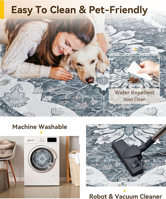 RELEANY Area Rugs Round 6ft Washable Non-Slip, Floral Vintage Distress Medallion Carpet for Living Room Bedroom Dining Room, Light Gray Grey White
