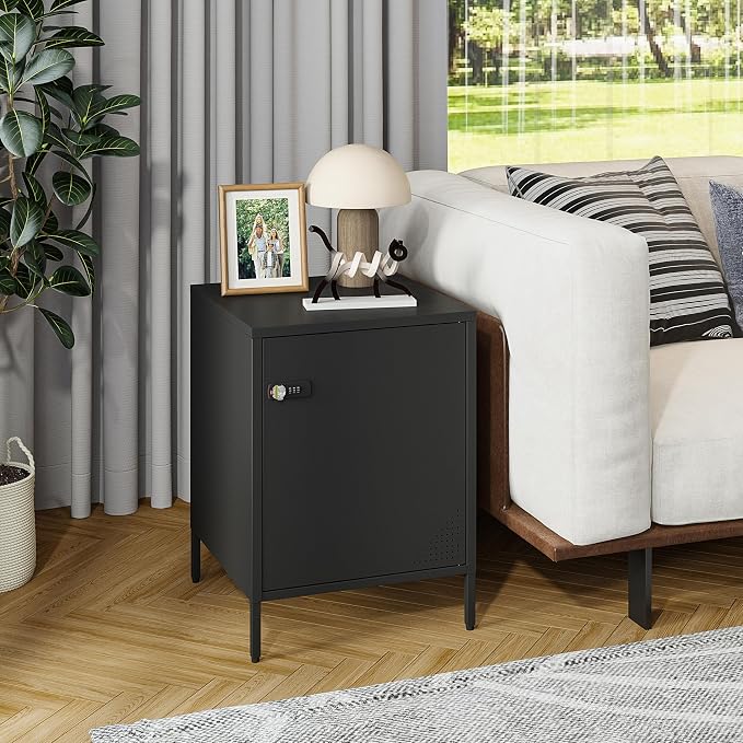 Steehoom Locker Nightstand with Lock and Adjustable Shelf, Dorm Lockable Cabinet Metal Bedside Table with Digital Combination Lock, Secure Storage End Table for Bedroom Office (Black)