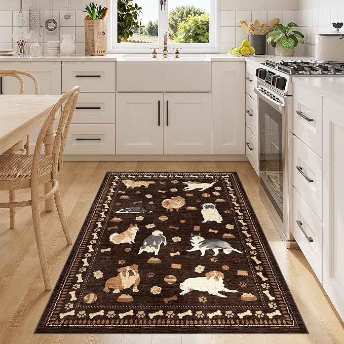 DUKINO 3x5 Area Rug, Lightweight Washable Entryway Rug with Non Slip & Low Pile, Soft Non Shedding Animal Dog Print Pattern Indoor Throw Carpet for Bedroom, Kitchen, Bathroom, Kids Room, Office, Brown