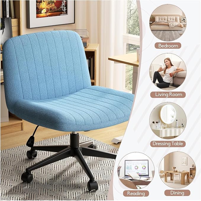 SUNLEI Cross Legged Office Chair, Armless Wide Chair's for Vanity Desk, Criss Cross Comfy Chairs with Back, Desk Chair/s of Height Adjustable Swivel, Light Grey